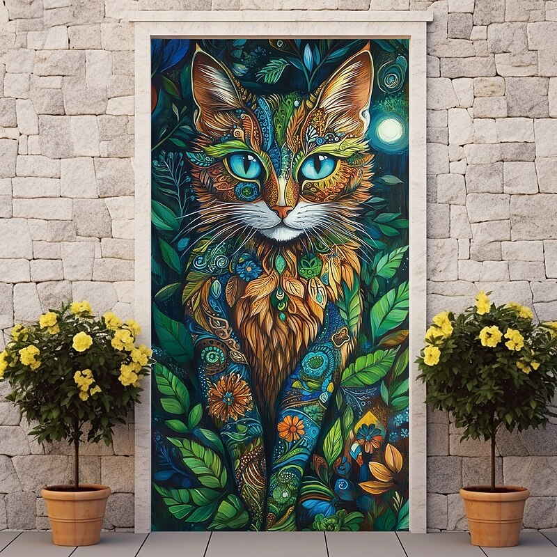 Forest Cat Door Decorations Door Covers Door Tapestry Door Curtain Decoration Backdrop Indoor/Outdoor Door Banner for Front Door Farmhouse