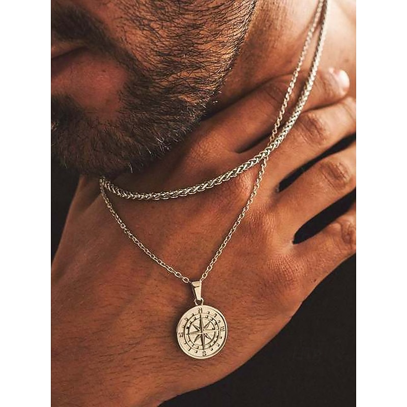 Men's Vintage Compass Pendant Necklace – Alloy Metal Double-Layer Chain, Nordic Viking Amulet, Nautical Jewelry for Travel & Adventure2