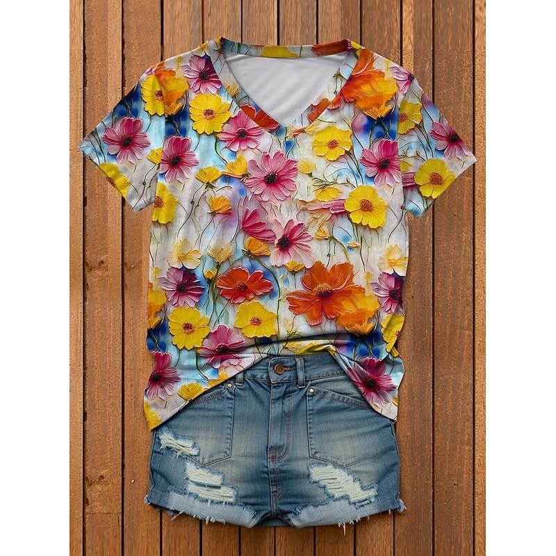 Women's T Shirt Floral 3D Stylish Casual Short Sleeve V Neck Regular Tops Daily Print Red Blue Purple Orange Green Summer2
