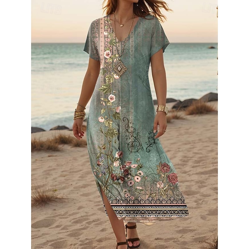 Women's Maxi Dress Casual Dress A Line Dress Stylish Casual Vacation Daily Regular Fit Floral Short Sleeve V Neck Red Blue Orange Green Summer Spring