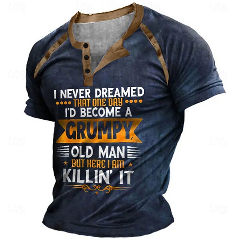 Birthday Mens Graphic Shirt Henley Tee Color Block Letter Clothing Apparel 3D Print Outdoor Casual Short Sleeve Patchwork Button Down Fashion Designer T-Shirt Black Cotton Grumpy Old Man Button-Down