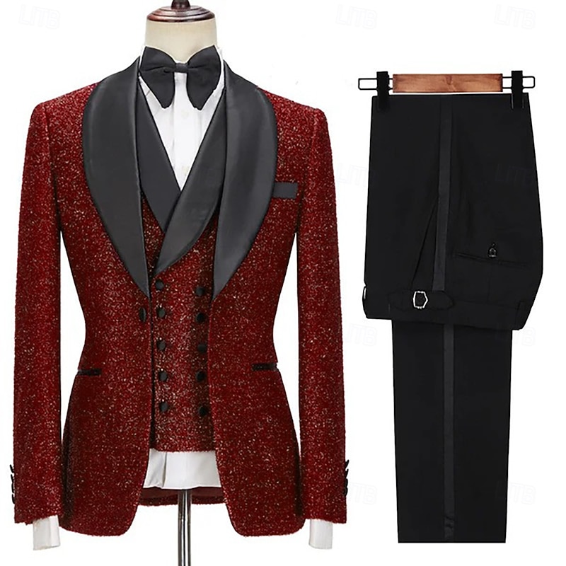 Men's Prom Party Suits Black Red Fashion Luxury Solid Colored Standard Fit 3 Piece Single Breasted One-button