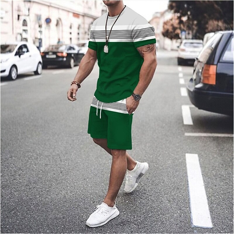 Men's T-shirt Suits Tee & Drawstring Waist Shorts 2 Pieces Outfits Tee & Shorts Short Sleeve Crewneck Summer Color Block Stripes Fashion Casual 2 Piece Vacation Daily Wear Going out Black Green Red4