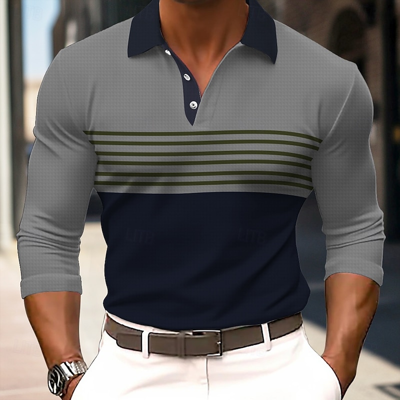 Men's Striped Rugby Polo Shirts Long Sleeve Polo Shirts Collared Shirts Business Casual School Athleisure Daily Wear 3D Print Spring Fall Winter Light Brown Light Grey Dark Gray3