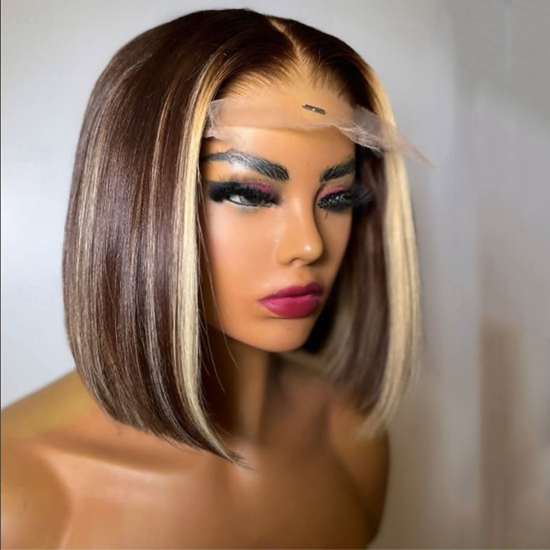 Unprocessed Virgin Hair 5x5 Closure 13x4 Lace Front Wig Short Bob Brazilian Hair Straight Multi-color Wig 130% 150% Density Highlighted / Balayage Hair 100% Virgin Glueless Pre-Plucked For Women Short2