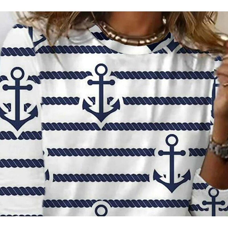 Women's T shirt Crew Neck Long Sleeve Tunic Ocean Casual  Regular Tops Daily Going out Weekend Print Blue Light Blue2