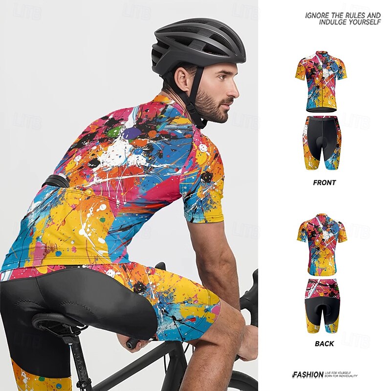Men's Cycling Jersey with Shorts Graffiti Short Sleeve Bike Clothing Suit with 3 Rear Pockets Mountain Bike MTB Road Bike Cycling Front Zipper Sweat wicking Comfortable Breathable Sports Yellow Cream4