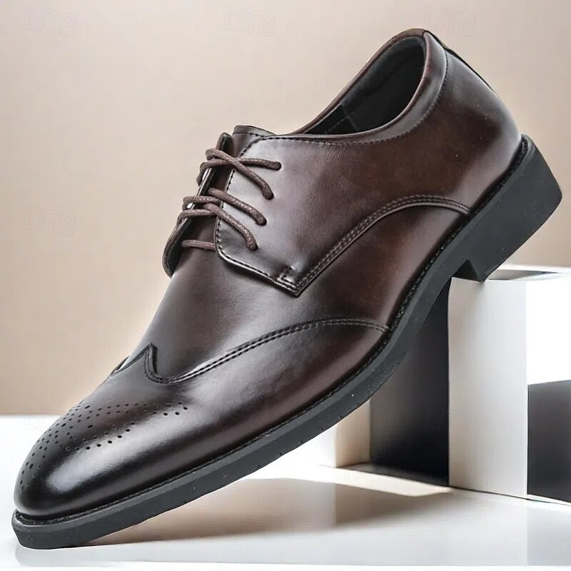 Men's Dark Brown Faux Leather Brogue Shoes - Classic Sophisticated Style for Business, Office, and Formal Occasions - Comfortable and Versatile Men's Footwear2