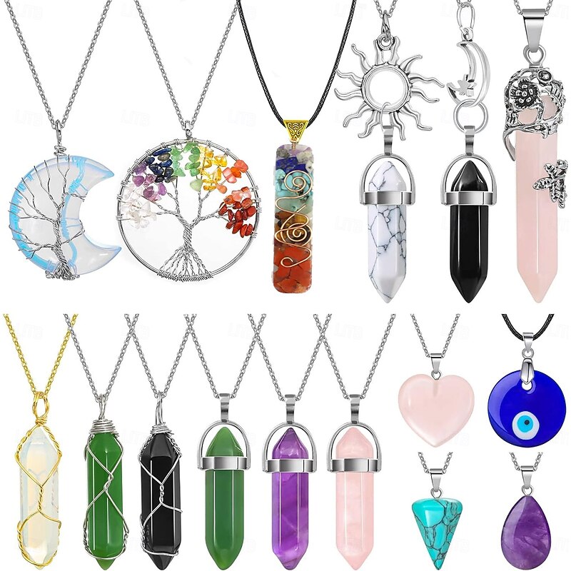 16pc Crystal Pendant Necklace Amethyst Hexagonal Column Evil Eye Braided Wire Tree Of Life Pendant Necklace2