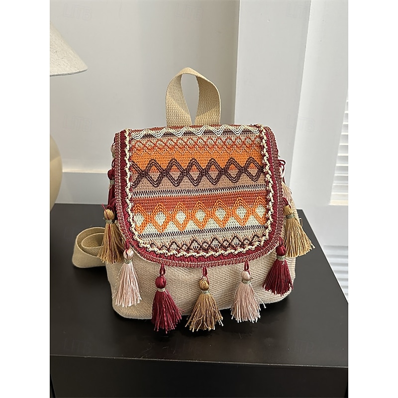 Bohemian Tassel Backpack with Embroidered Design – Stylish Women's Canvas Backpack for Casual, Travel and Festival Wear