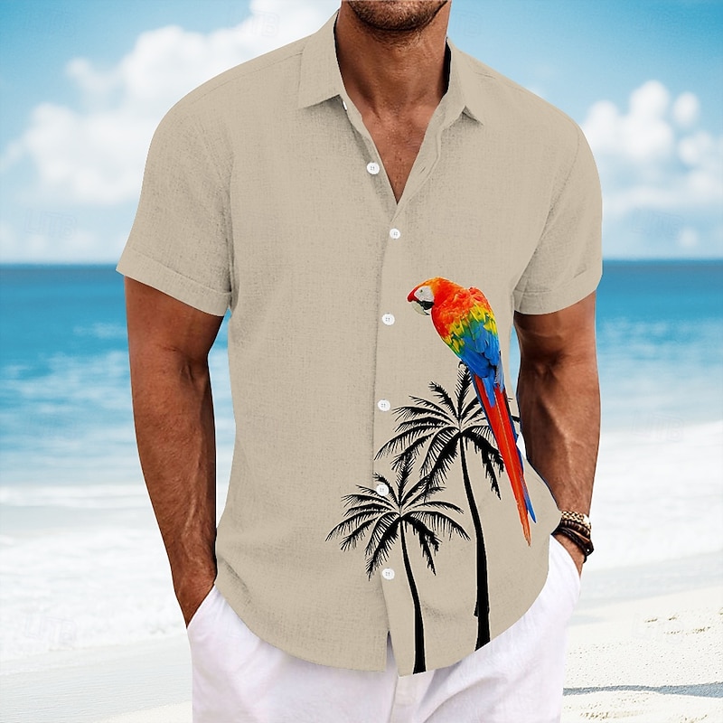 Men's Bird Coconut Tree Parrot Casual Shirt Summer Hawaiian Shirt Button Up Shirt Short Sleeve Hawaiian Resort Vacation Holiday Beach Wear Summer Spring Turndown 3D Print Collared Shirts White Blue4