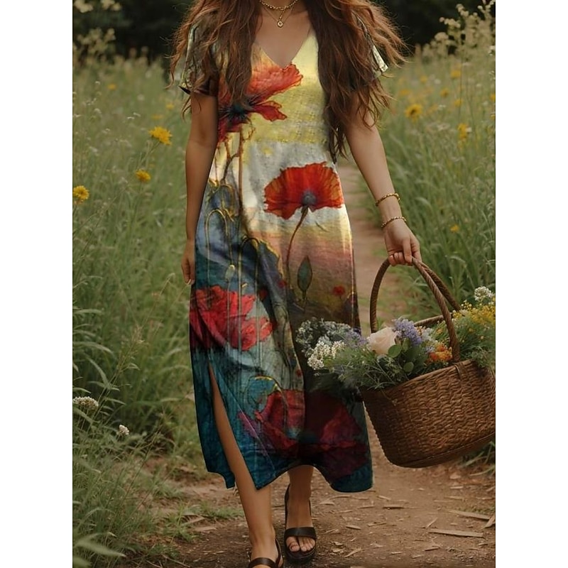 Women's Maxi Dress Casual Dress A Line Dress Bohemia Vacation Vintage Vacation Daily Regular Fit Floral Short Sleeve V Neck Yellow Light Green Orange Green Summer Spring4