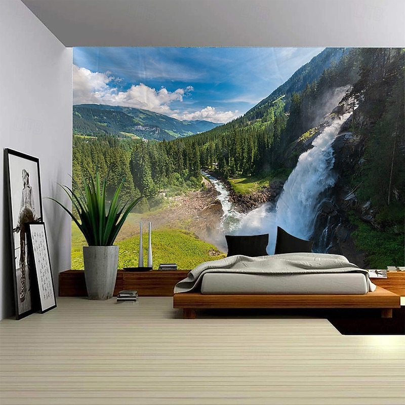 Landscape Forest Waterfall Hanging Tapestry Wall Art Large Tapestry Mural Decor Photograph Backdrop Blanket Curtain Home Bedroom Living Room Decoration2