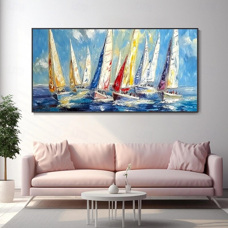 Blue Ocean Seascape Sailboat Wall Art Abstract Beach Seascape Painting On Canvas Livingroom Oil Painting 100% Handmade Hand Painted Wall Art On Canvas Abstract Maritime Sailboat Landscape Home Decorat2