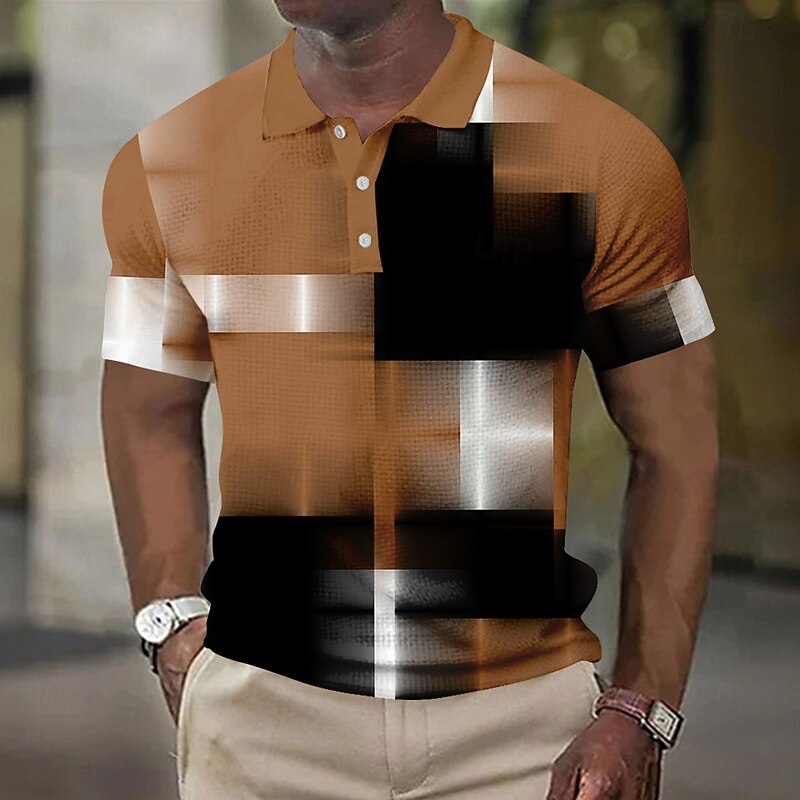 Men's Geometic Waffle Polo Shirts Short Sleeve Polo Shirts Collared Shirts Business Casual Business Athleisure Daily Wear Buttons 3D Print Summer Blue Brown Light Blue4