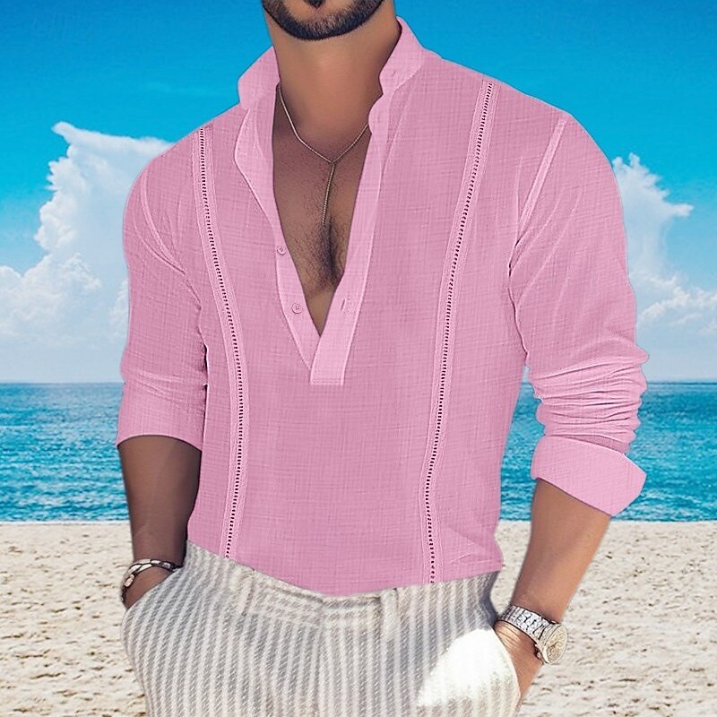 Men's Shirt Popover Shirt Summer Shirt Casual Shirt Beach Shirt Black White Pink Green khaki Long Sleeve Plain Band Collar Vacation Hawaiian Button-Down Clothing Apparel Fashion Casual Comfortable2
