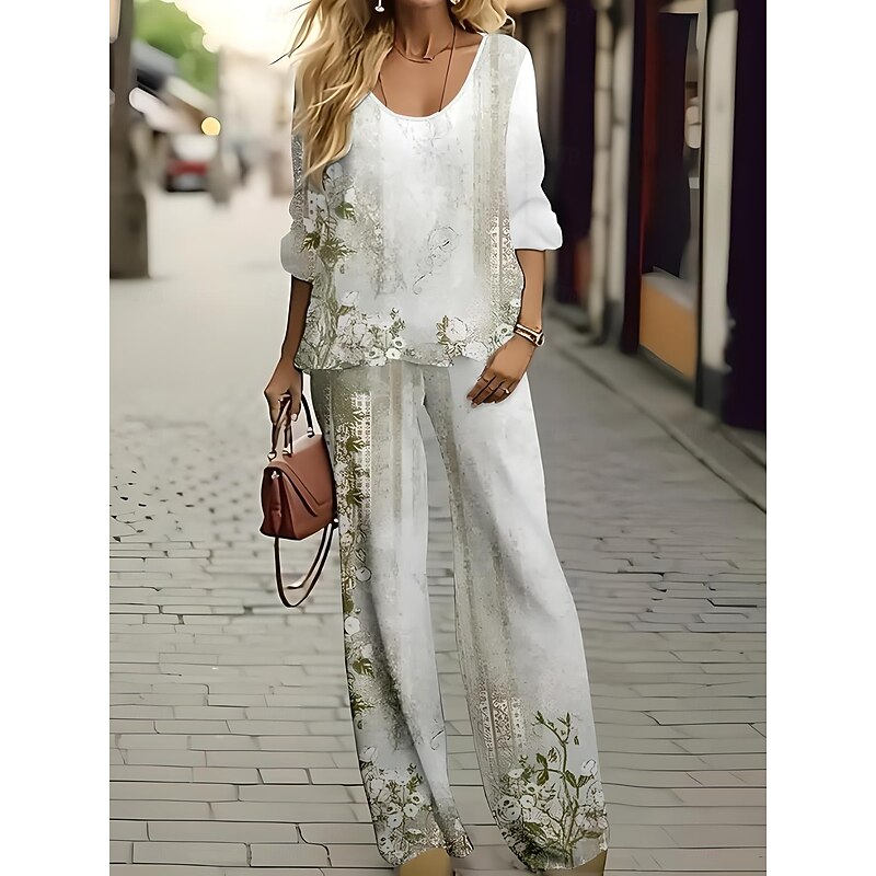 Women's 2 Pieces Basic Neon & Bright Shirt Blouse 3/4 Length Sleeve V Neck Floral Tie Dye Abstract Print Casual Linen Like Ivory Summer Regular Fit