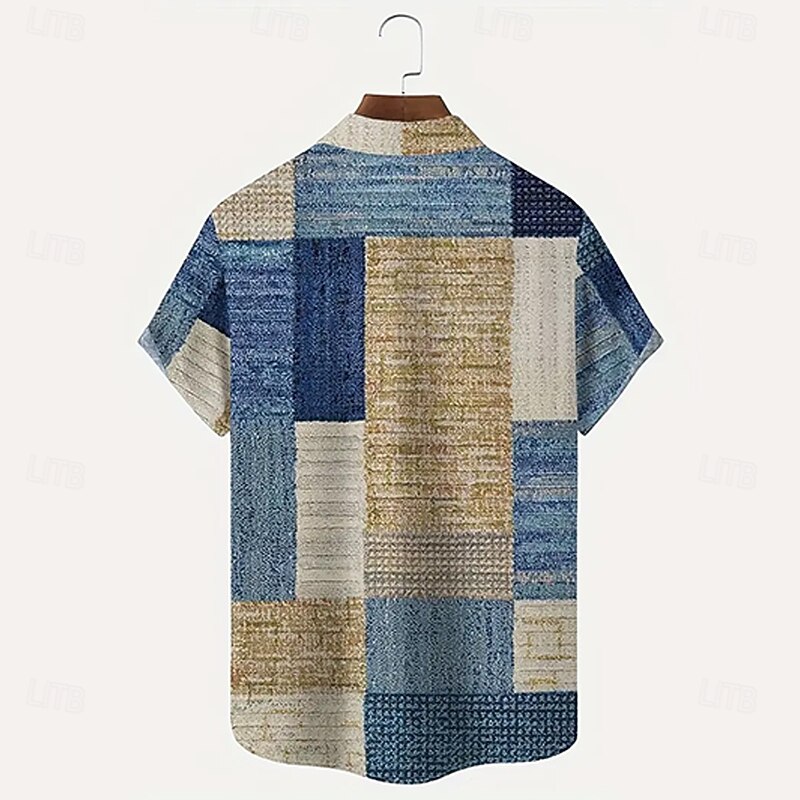 Men's Geometric Color Block Patchwork Shirt Button Up Shirt Short Sleeve Fashion Casual Vacation Holiday Streetwear Summer Turndown 3D Print Collared Shirts Front One Pocket Dark Yellow Blue Brown2