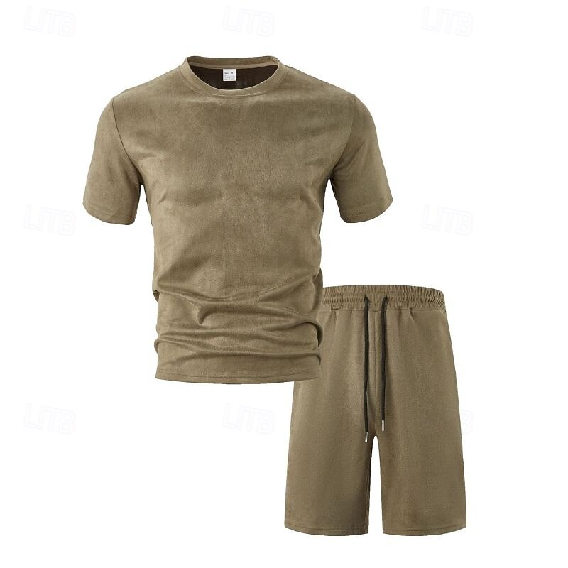 Men's T-shirt Suits 2 Pieces Outfits Tee & Shorts Short Sleeve Crewneck Summer Solid / Plain Color Fashion Casual 2 Piece Vacation Daily Wear Going out Wine Royal Blue Army Green Top Tee for Men3