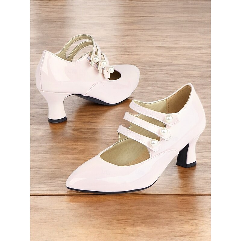 Women's Patent Faux Leather Mary Jane Heels-Vintage Gatsby Mid Heel Pumps with Pearl Strap, Elegant Shoes for Weddings & Formal Events4