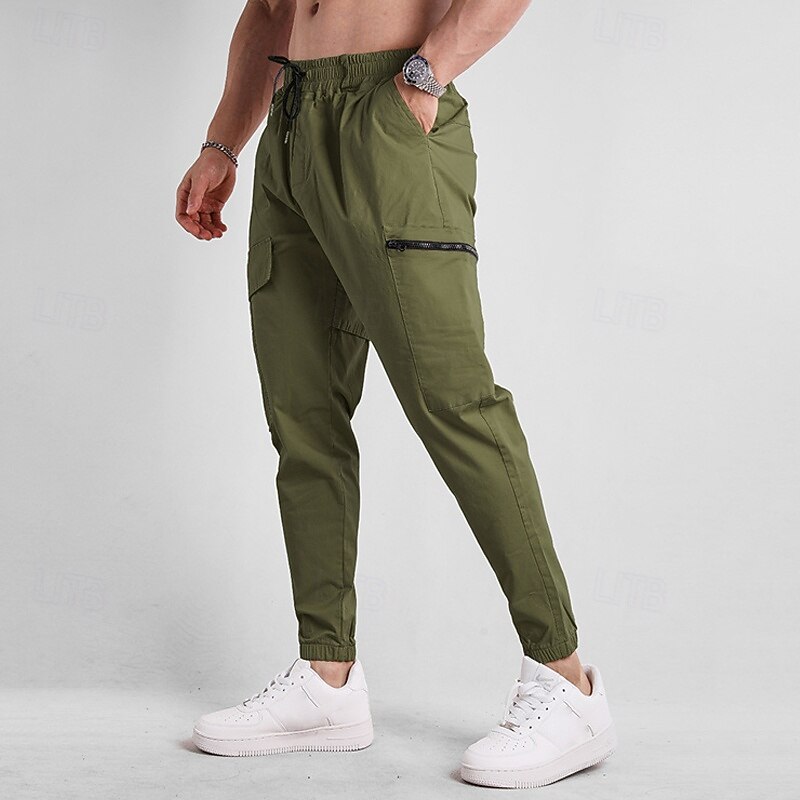 Men's Cargo Pants Joggers Trousers Drawstring Elastic Waist Multi Pocket Plain Wearable Outdoor Daily Camping & Hiking Fashion Classic Black Green2