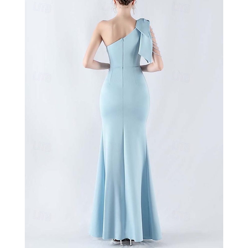 Mermaid / Trumpet Evening Gown Elegant Dress Formal Evening Party Floor Length Sleeveless One Shoulder Lace with Bow(s) Beading Slit2
