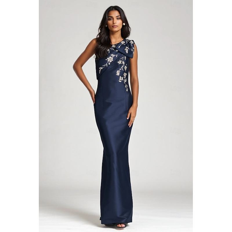 Embroidered Navy Floral Column Evening Gown Elegant Dress Formal Floor Length Sleeveless One Shoulder Satin with Glitter Bow(s) Ruched