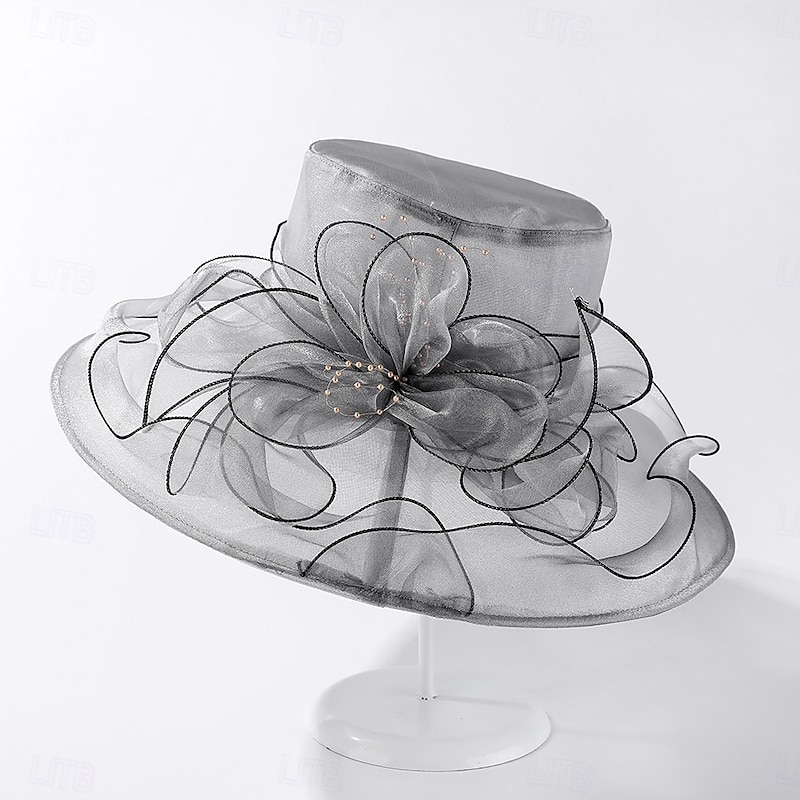 Hats Organza Sun Hat Formal Tea Party Cocktail Elegant Vintage Sun Protection With Floral Headpiece Headwear4