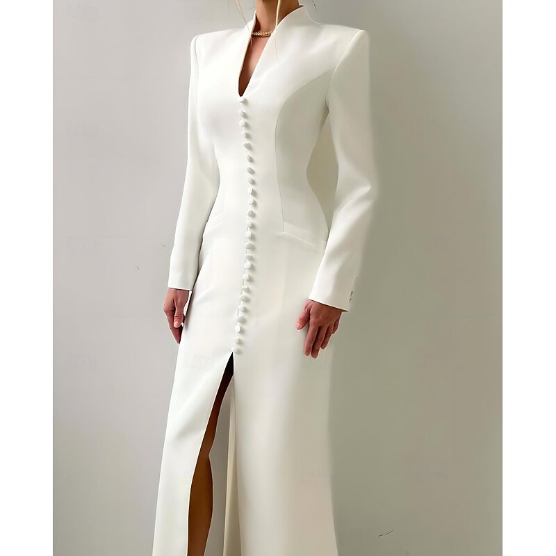 Tuxedo Dress Mermaid / Trumpet Mermaid Wedding Guest Stretch Crepe Elegant High Split Long Sleeve Floor Length V Neck2