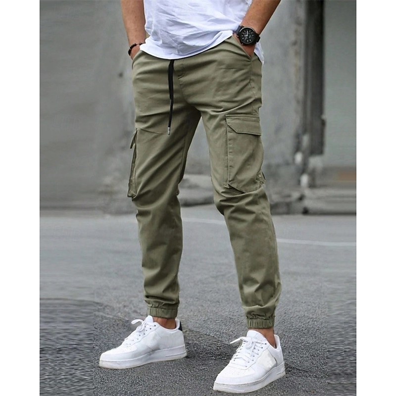 Men's Cargo Pants Trousers Elastic Waist Multi Pocket Plain Wearable Outdoor Daily Casual Dark Brown Black