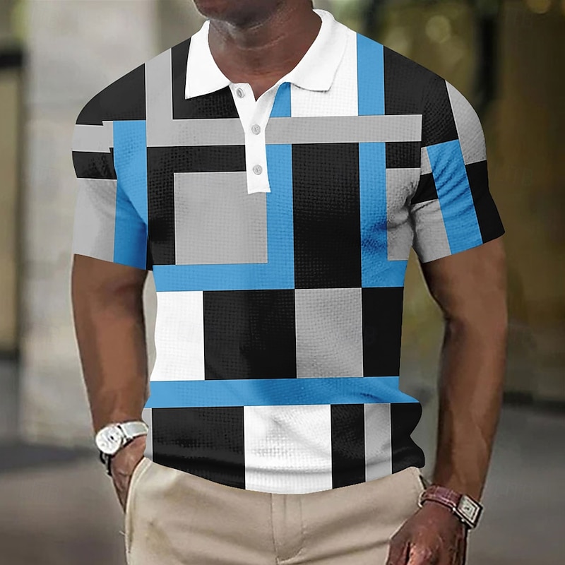 Men's Geometic Waffle Polo Shirts Short Sleeve Polo Shirts Collared Shirts Business Casual Athleisure Wear to work Daily Wear Buttons 3D Print Summer Red Blue Sky Blue2