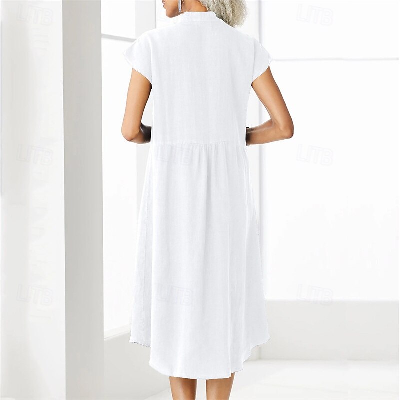 Women's Long Dress Maxi Dress Linen-Inspired Dresses Shirt Dress Casual Dress Cotton Linen Dress Stylish Casual Vacation Daily Date Regular Fit Plain Short Sleeve Stand Collar Black White Gray Summer4