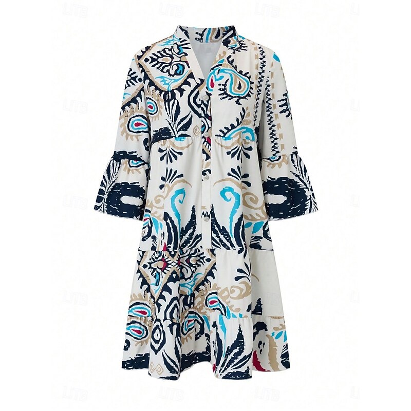 Women's Mini Dress Petite Dress Casual Dress Boho Dress Bohemia Vintage Ethnic Vacation Daily Regular Fit Floral Long Sleeve V Neck Blue Summer Spring4