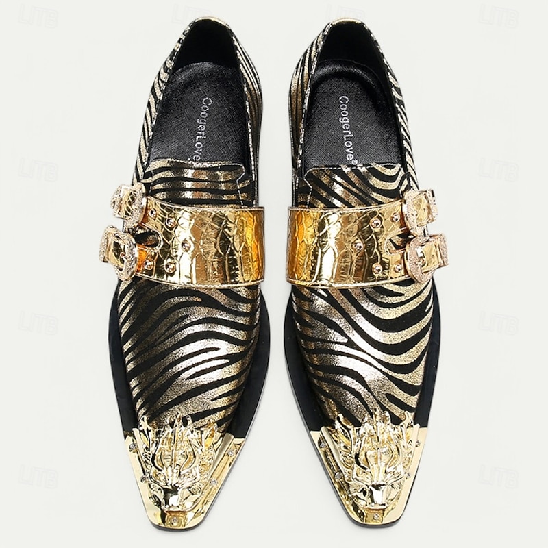 Men's Premium Cowhide Leather Loafers with Gold Tip Bold Zebra Print and Double Buckle Design–Stylish, Comfortable Footwear for Formal and Fashion-Forward Occasions2
