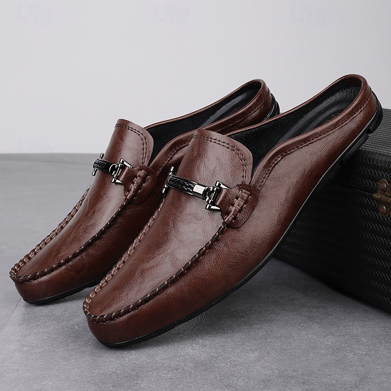 Men's Brown Slip-on Loafers with Metallic Buckle, Casual Faux Leather Shoes for Everyday Wear4