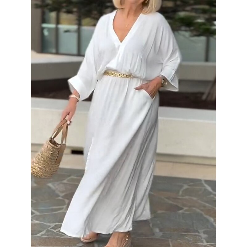 Women's Maxi Dress Linen-Inspired Dresses Casual Dress Basic Casual Vacation Daily Regular Fit Plain 3/4 Length Sleeve V Neck Black White Summer Spring3