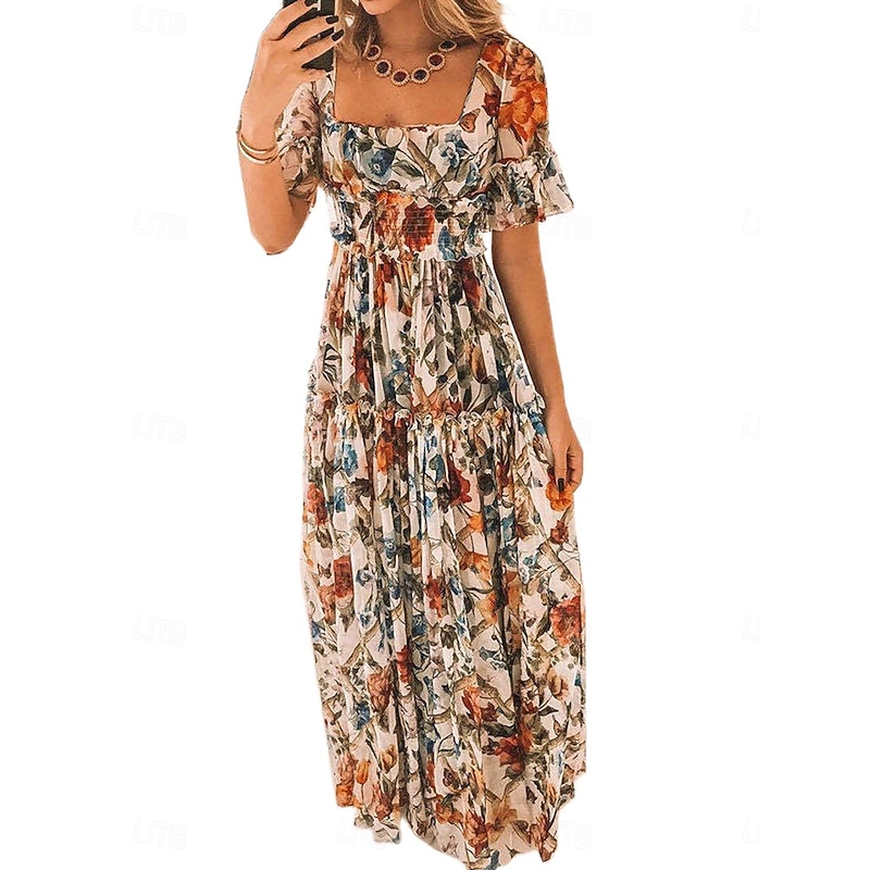 Women's Maxi Dress Corset Dress A Line Dress Milkmaid Dress Puff Sleeve Dress Vacation Vacation Daily Regular Fit Floral Short Sleeve Square Neck Yellow Apricot Summer3