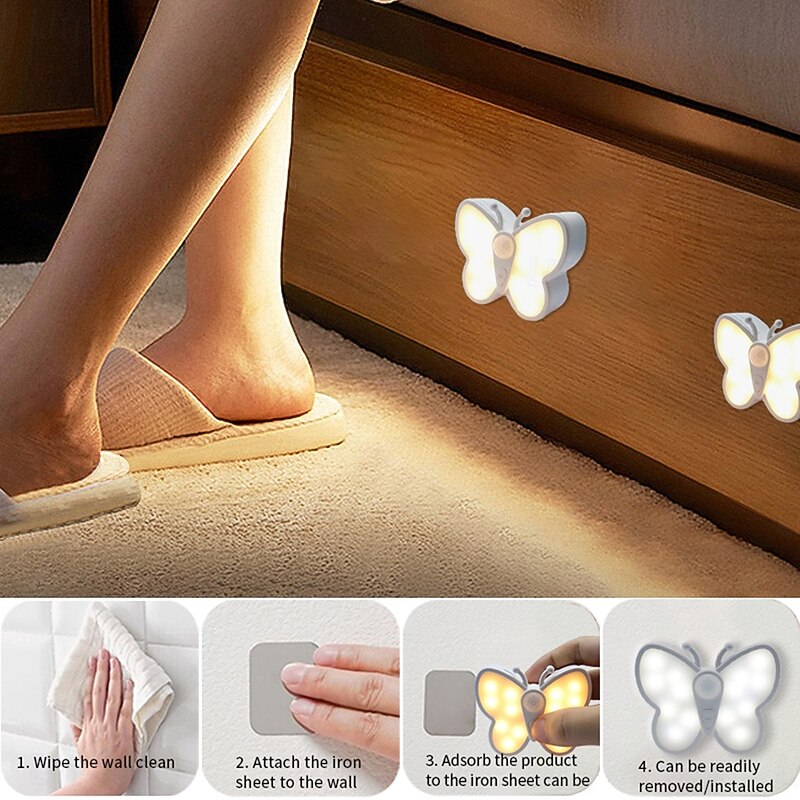 Cute Butterfly Shaped LED Motion Sensor Night Light with Switch, Rechargeable Human Body Infrared Detection 3 Modes for Children's Day Christmas Gift 1PC3