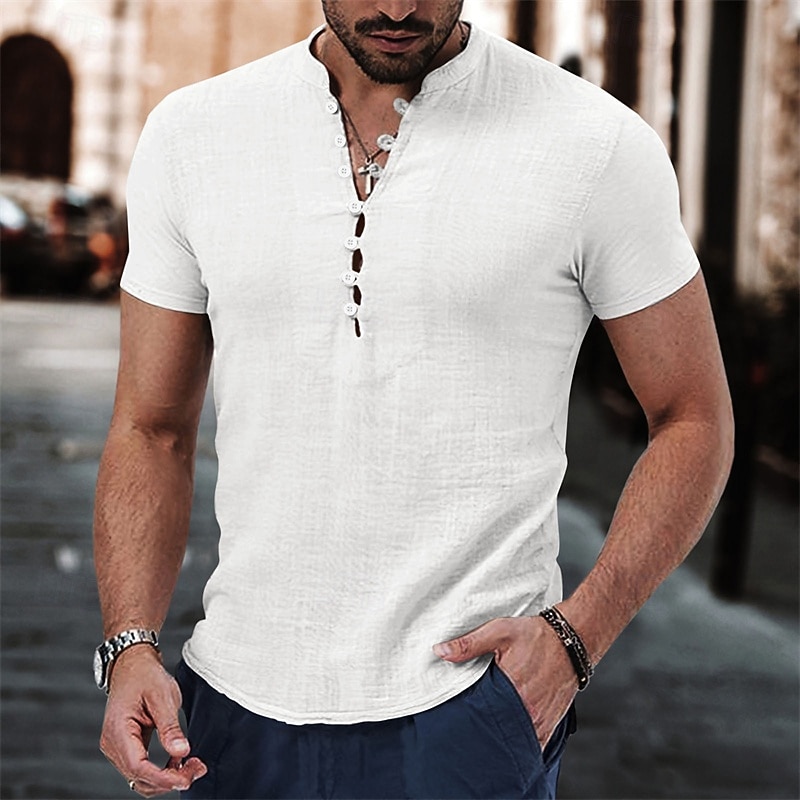 Men's Button T Shirt T Shirt Henley Shirt Tee Short Sleeve Henley Summer Spring Plain Fashion Designer Basic Buttons Vacation Street Going out Apricot Black White Top Tee for Men