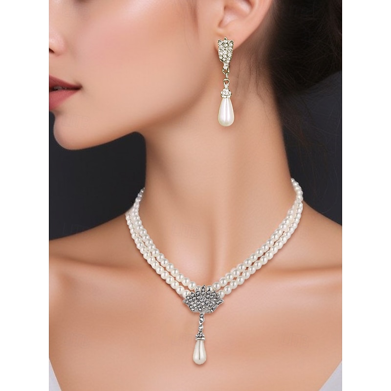 Elegant Pearl Bridal Jewelry Set – Double-Layer Necklace & Drop Earrings with Rhinestone Accents, Vintage Wedding Accessories for Women, Formal Evening & Party Jewelry2