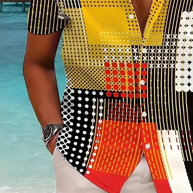 Men's Patchwork Geometric Pattern Shirt Cuban Collar Shirt Short Sleeve Fashion Casual Vacation Holiday Streetwear Summer Spring Camp Collar Shirt 3D Print Yellow Blue Purple Green2