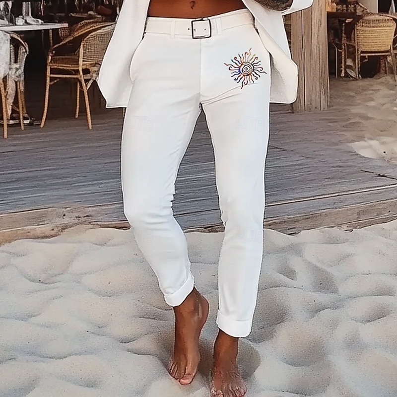 Men's Sun Dress Pants Trousers Mid Waist Business Casual Outdoor Vacation Streetwear with Pockets Slim Fit Flat-Front Summer Spring 3D Print White