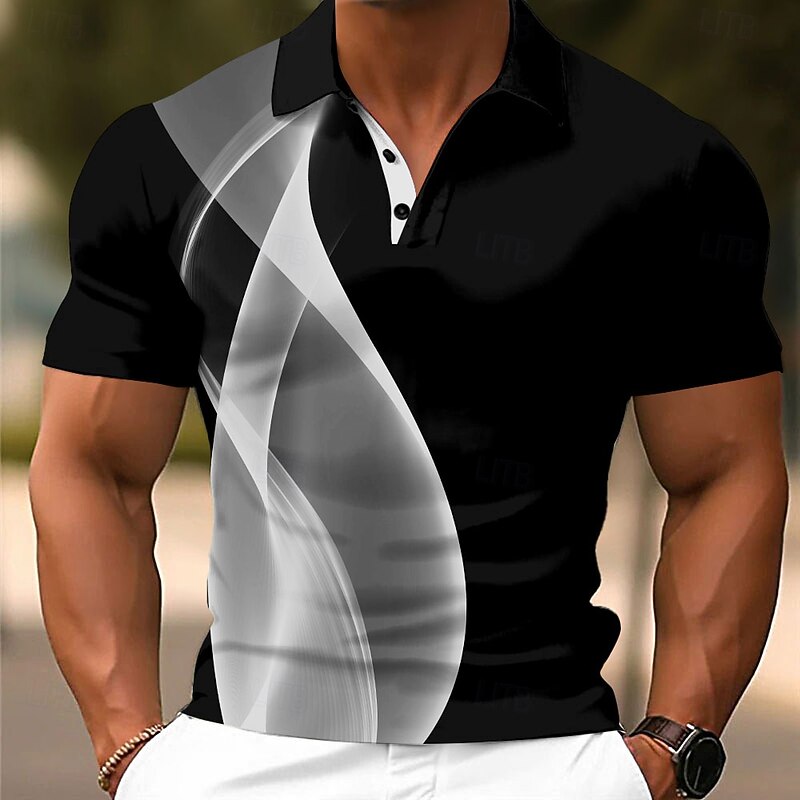 Men's Geometic Line Polo Short Sleeve Polo Shirts Collared Shirts Casual School Outdoor Daily Wear Home Wear 3D Print Summer White Blue Gray