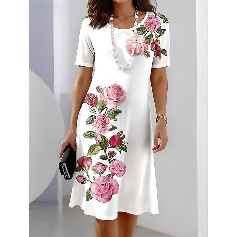 Women's Elegant Party Evening Midi Dress Crew Neck Short Sleeve Casual Dress Shift Dress Summer Dress Stylish Formal Work Casual Regular Fit Floral White Summer Spring