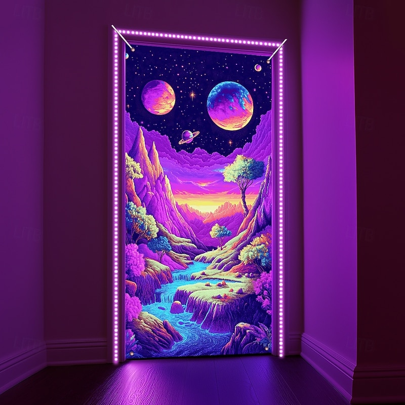 Blacklight Door Decorations Door Covers Glow in the Dark Landscape Waterfall Door Tapestry Door Curtain Decoration Backdrop Indoor/Outdoor Door Banner for Front Door Farmhouse - Main Image
