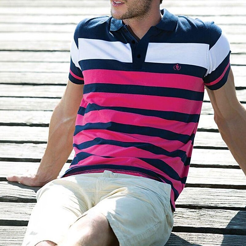 Men's Stripes Rugby Polo Short Sleeve Polo Shirts Collared Shirts Casual School Outdoor Sports Daily Wear 3D Print Summer Spring Fall Blue