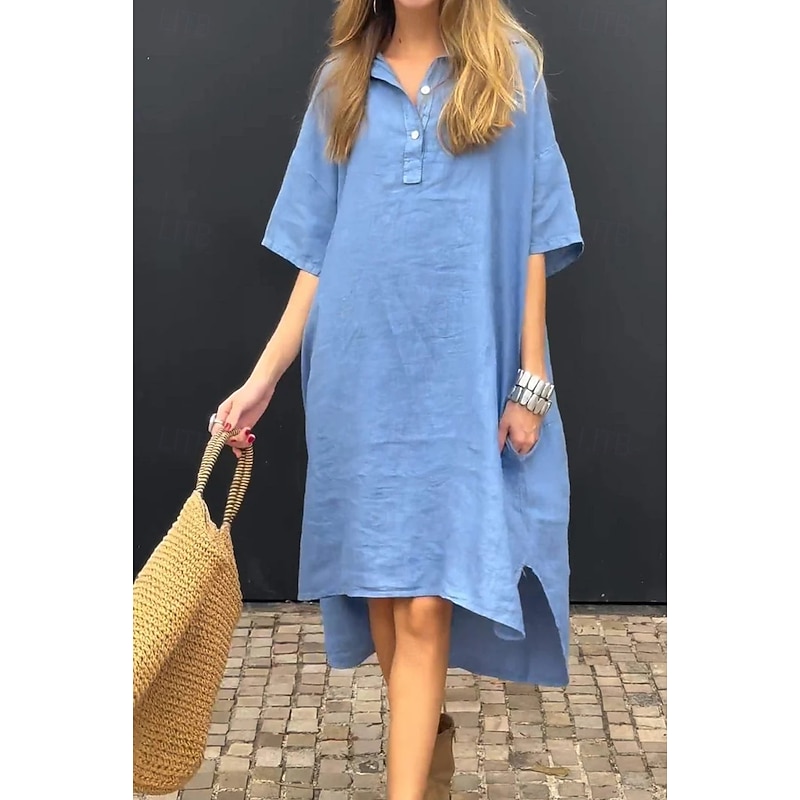 Women's Midi Dress Cotton Linen Dresses Casual Dress Basic Casual Vacation Daily Loose Fit Plain Half Sleeve Shirt Collar Yellow Pink Blue Khaki Summer Spring Fall