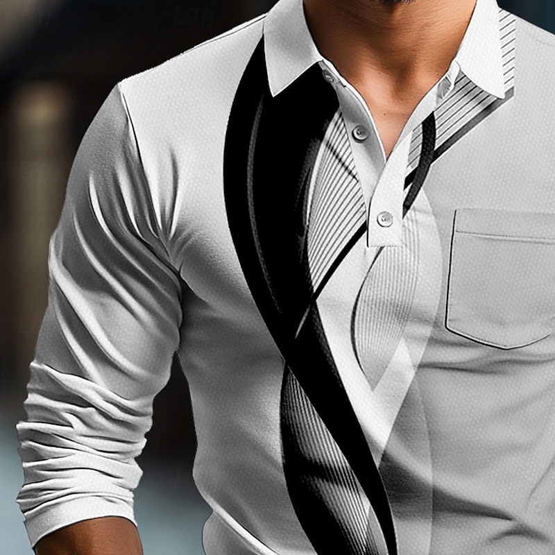 Men's Geometic Line Polo Long Sleeve Polo Shirts Collared Shirts Business Casual Business Athleisure Daily Wear Buttons 3D Print Spring Fall Winter Black Blue Gray4