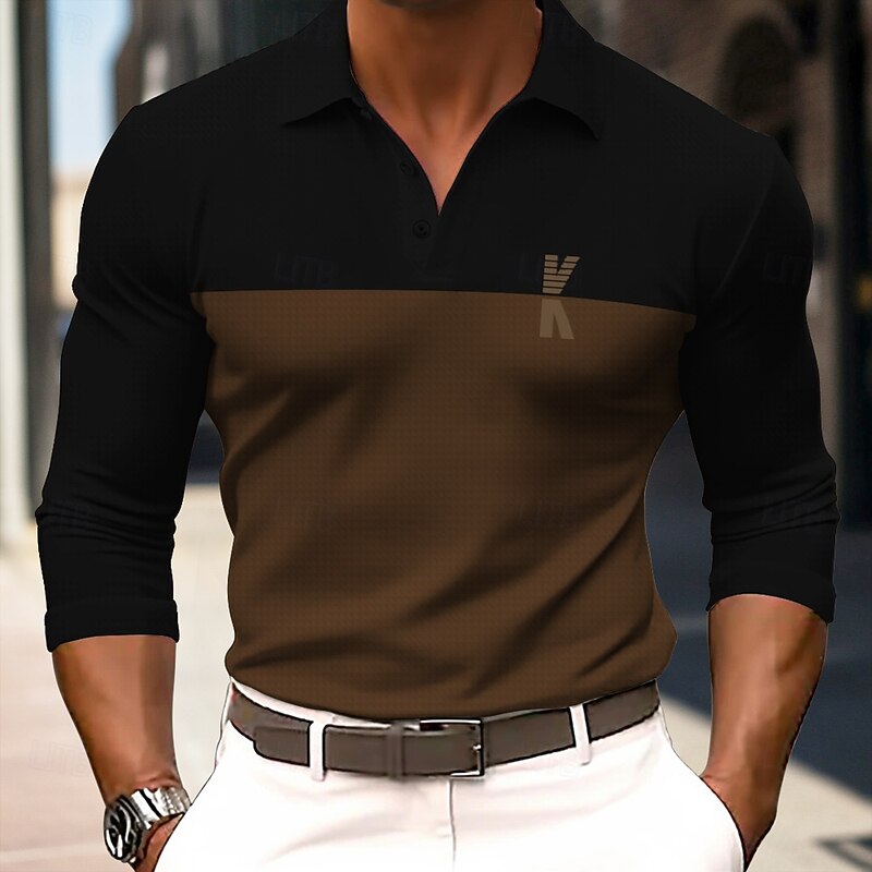 Men's Letter Polo Long Sleeve Polo Shirts Collared Shirts Business Casual School Athleisure Daily Wear 3D Print Spring Fall Winter Dark Brown Light Grey Dark Gray2
