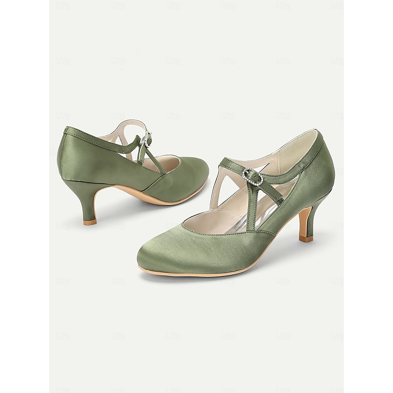 Women's Sage Green Satin T-Strap Heels-Vintage Gatsby Mid Heel Pumps with Buckle Closure, Elegant Shoes for Weddings & Ballroom Dance3